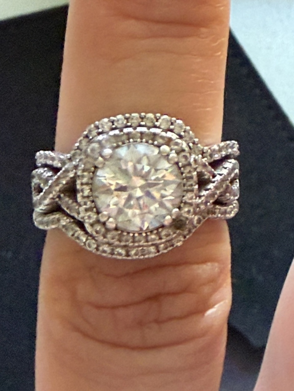 Moissanite Halo Engagement Ring & Matching Curved Wedding Band Set - As Is